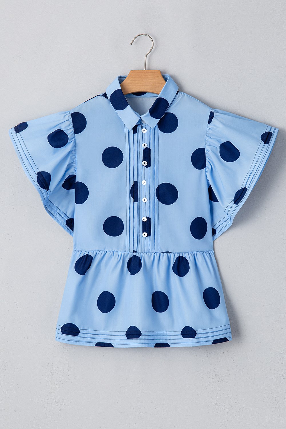 Polka Dot Print Ruffled Short Sleeve Buttoned Collared Blouse - felvior