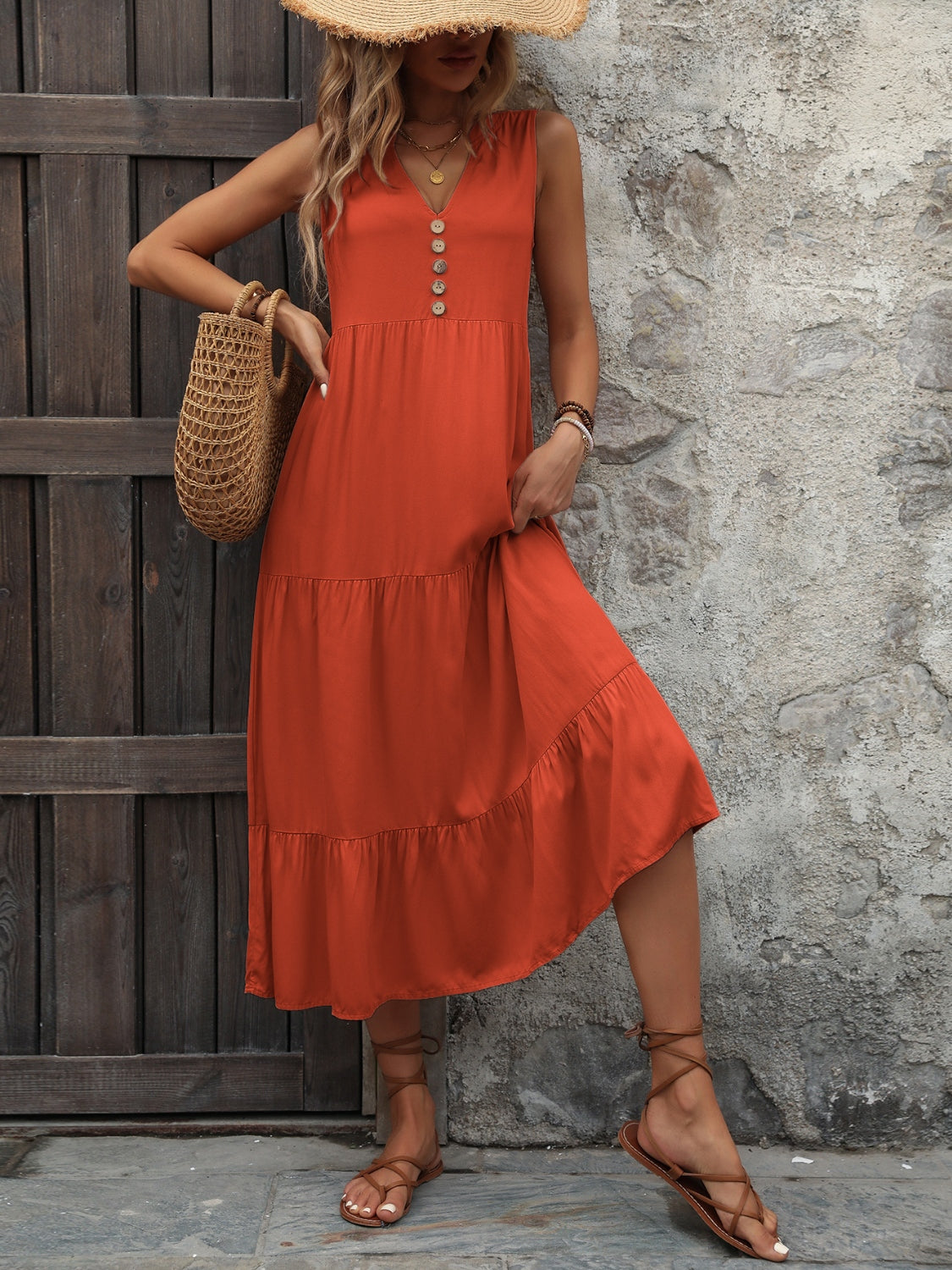 Ivy Lane Decorative Button Notched Sleeveless Dress - felvior