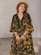 Plus Size Lace Detail Tropical Print Three-Quarter Sleeve Maxi Dress