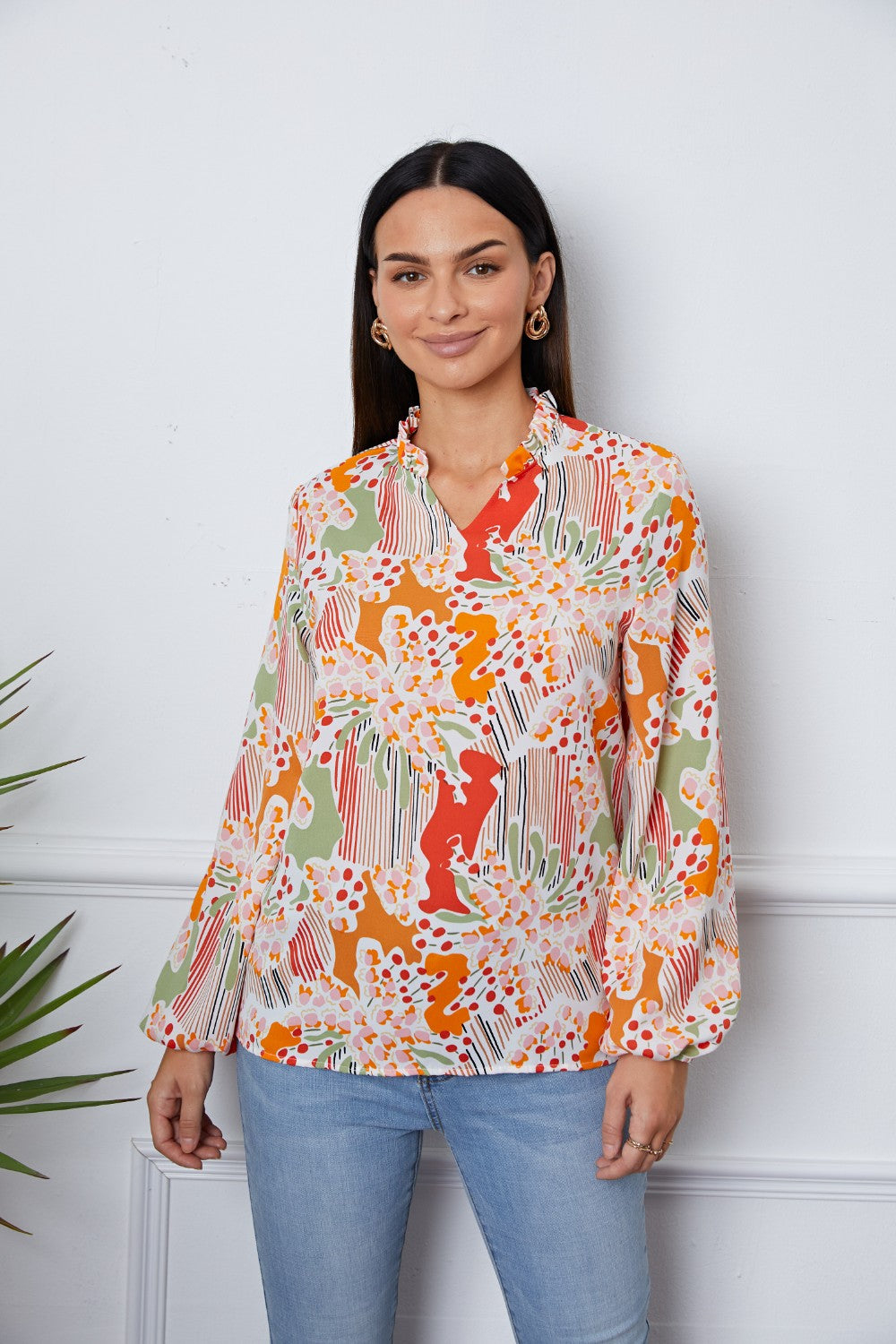 Floral Frill Notched Long Sleeve Blouse - felvior