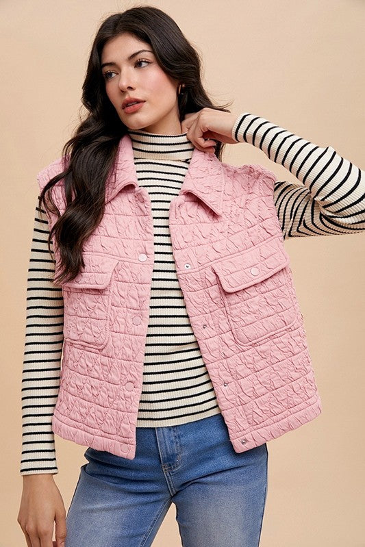 Annie Wear Texture Quilted Snap Down Vest Coat - felvior