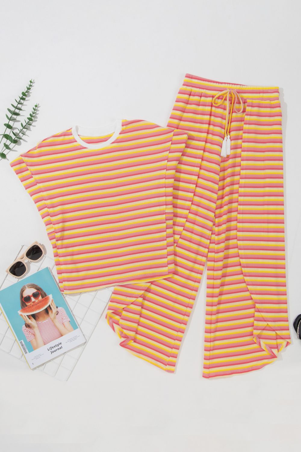 Striped Round Neck Short Sleeve Top and Pants Set - felvior