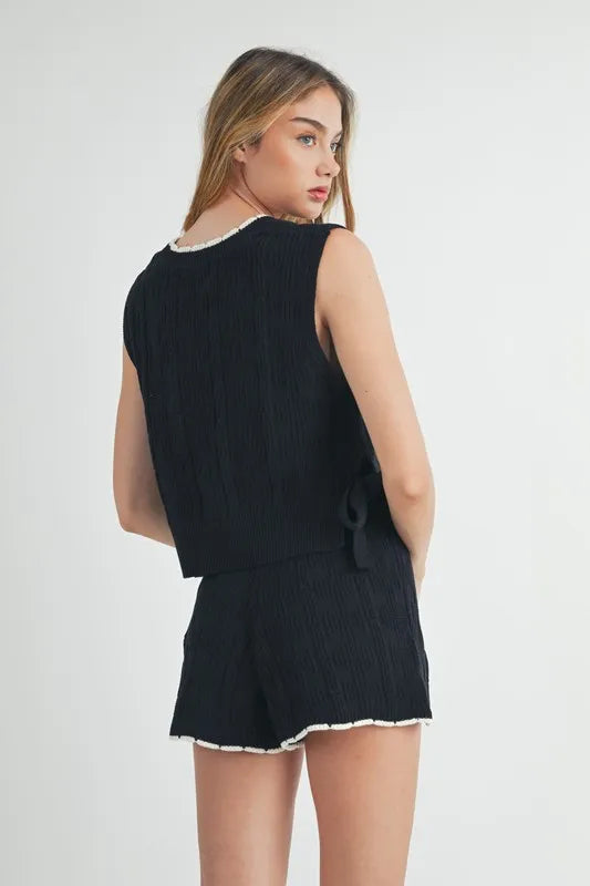 MABLE Side Tie Detail Knit Vest and Shorts Set - felvior