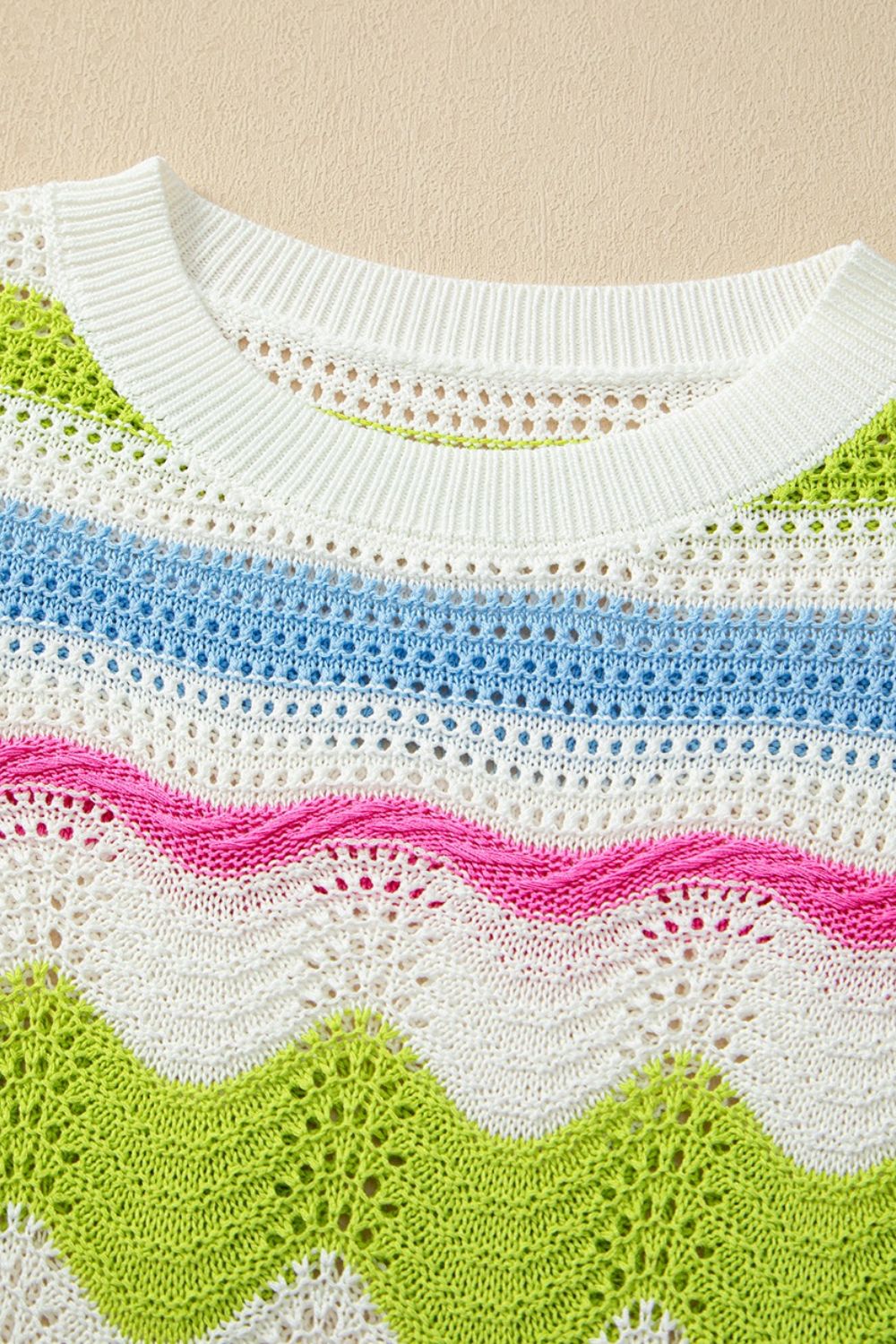 Color Block Crochet Ruffled Short Sleeve Knit Top - felvior