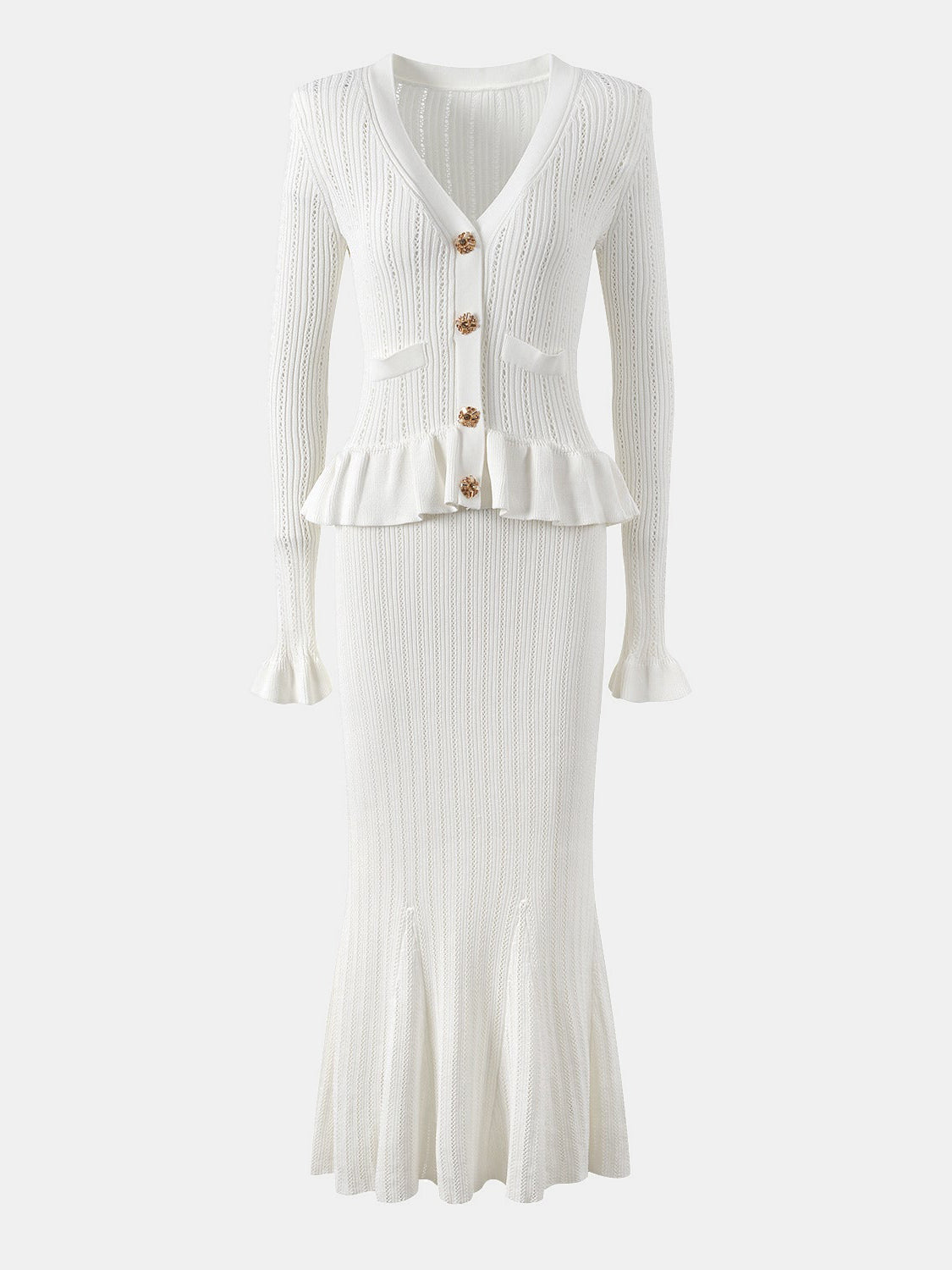 Ruffled V-Neck Top and Midi Skirt Sweater Set - felvior