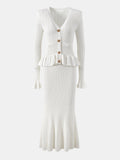 Ruffled V-Neck Top and Midi Skirt Sweater Set - felvior