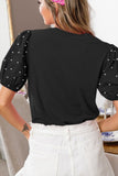 Pearl Detail Round Neck Short Sleeve Blouse - felvior