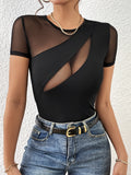 Mesh Patchwork Round Neck Short Sleeve Top - felvior