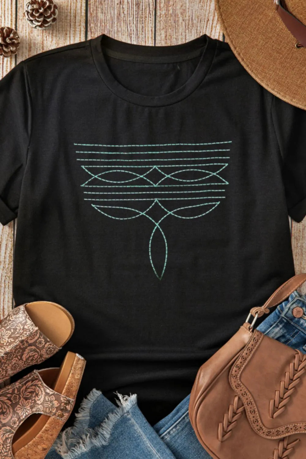 Embroidered Round Neck Short Sleeve T-Shirt