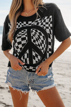 Checkered Peace Sign Round Neck T-Shirt