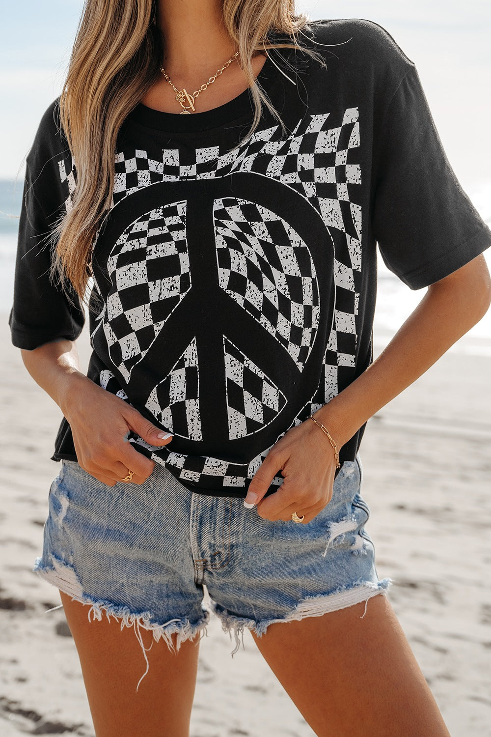 Checkered Peace Sign Round Neck T-Shirt