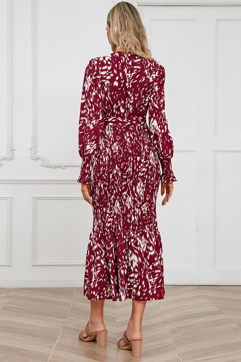 Printed V-Neck Smocked Midi Dress - felvior