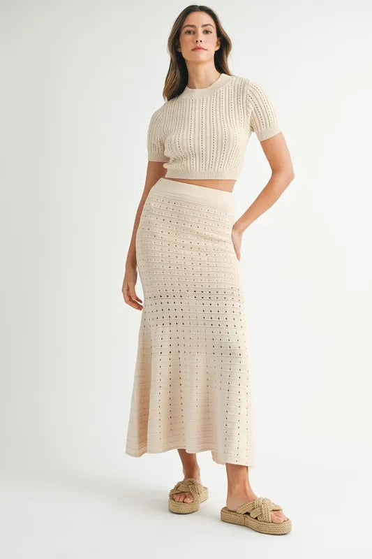 MABLE Pointelle Short Sleeve Crop Top and Slit Skirt Sweater Set - felvior