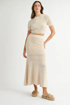MABLE Pointelle Short Sleeve Crop Top and Slit Skirt Sweater Set
