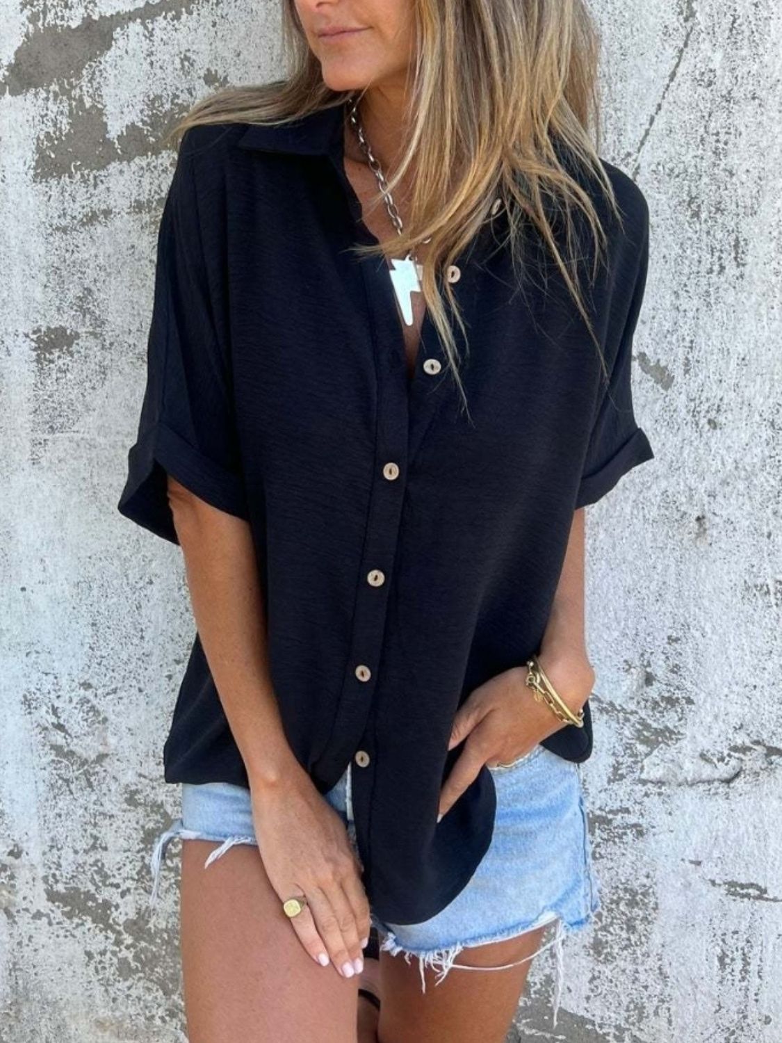 Full Size Button Down Short Sleeve Shirt Plus Size - felvior