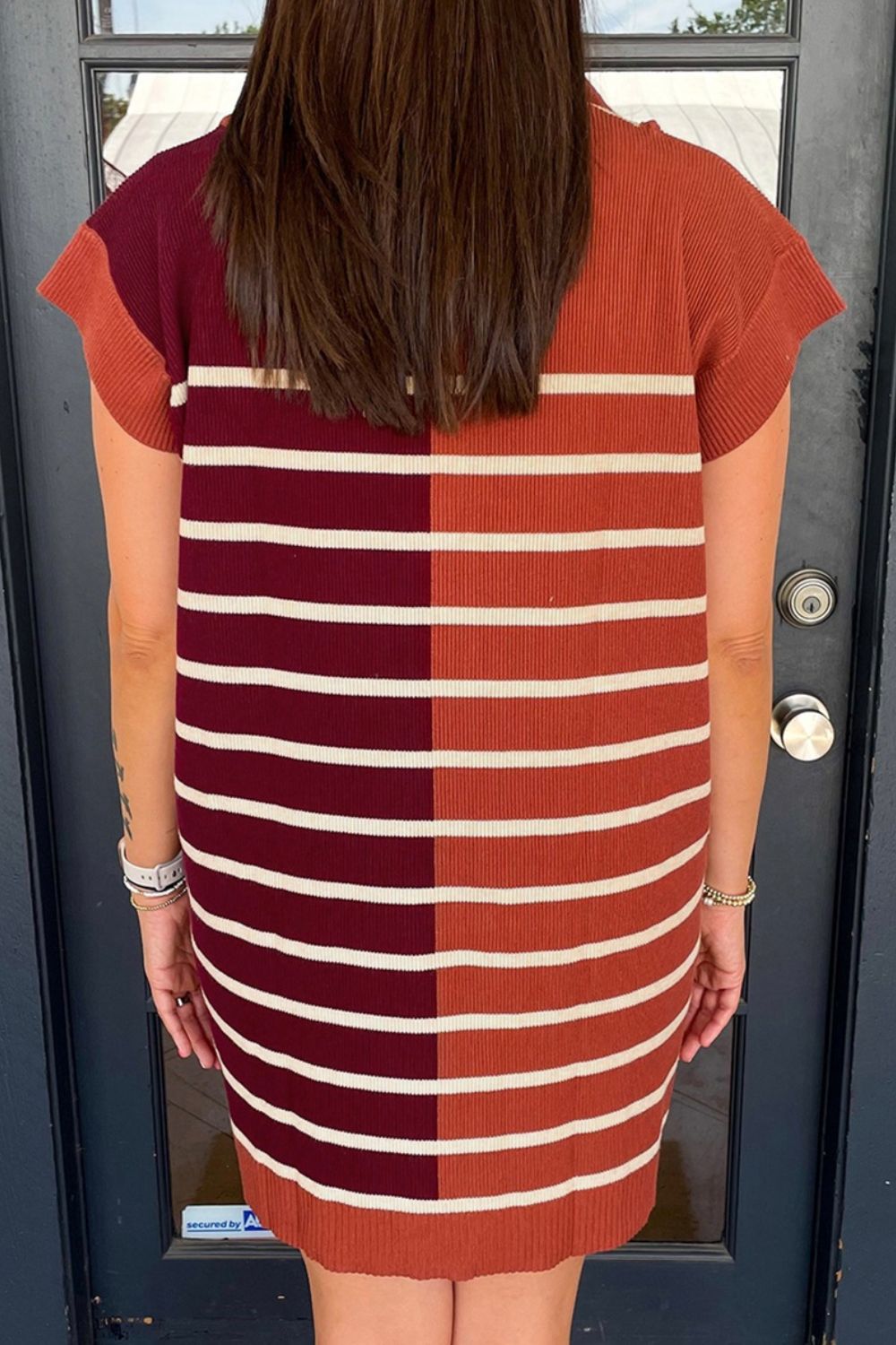 Striped Quarter Zip Cap Sleeve Sweater Dress - felvior