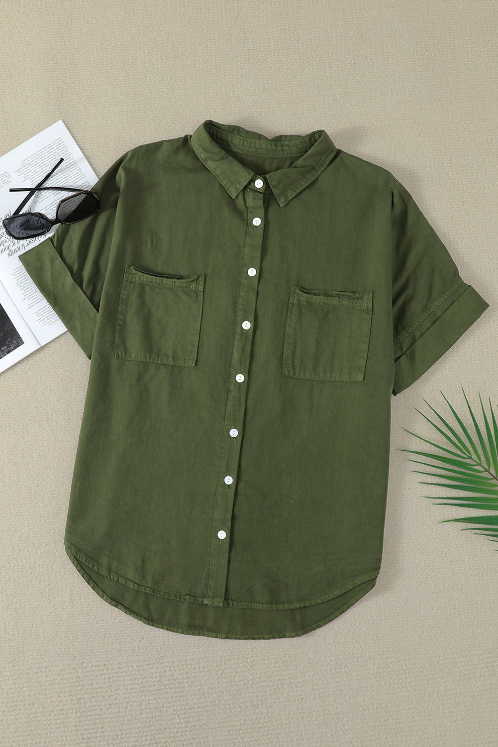 Pocketed Button Up Short Sleeve Denim Shirt - felvior