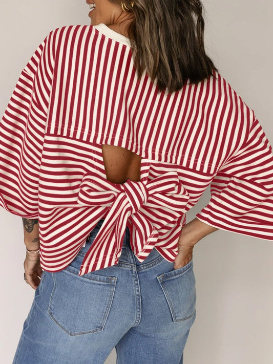 Stripe Bow Decor Cutout Drop Shoulder Top - felvior