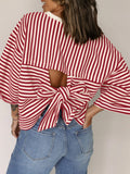 Stripe Bow Decor Cutout Drop Shoulder Top - felvior