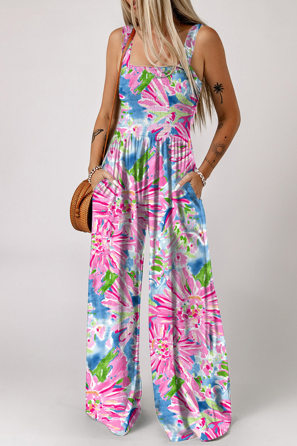 Floral Smocked Square Neck Jumpsuit with Pockets - felvior