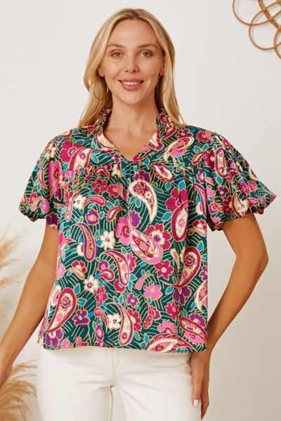 Floral Collared Neck Short Sleeve Blouse - felvior