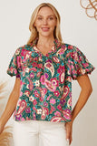 Floral Collared Neck Short Sleeve Blouse - felvior
