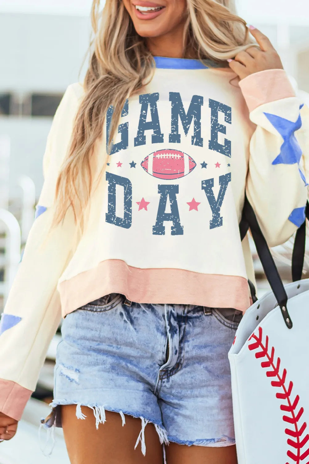 GAME DAY Star Patch Round Neck Long Sleeve Sweatshirt - felvior