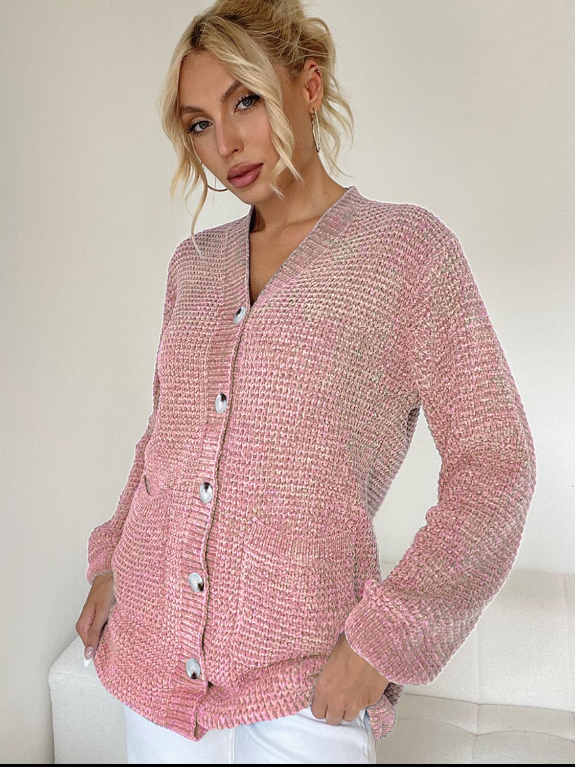Pocketed V-Neck Button Up Cardigan - felvior