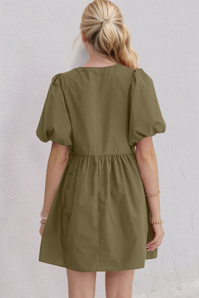 Oh Bow Ruched Puff Sleeve Mini Dress - felvior