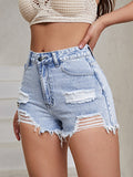Distressed Raw Hem High Waist Denim Shorts - felvior