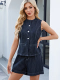 Round Neck Striped Top and Shorts Denim Set - felvior