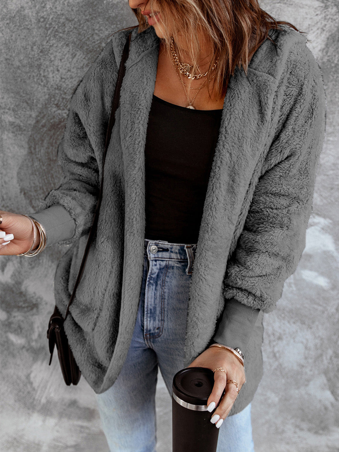 Open Front Hooded Faux Fur Outwear with Pockets - felvior