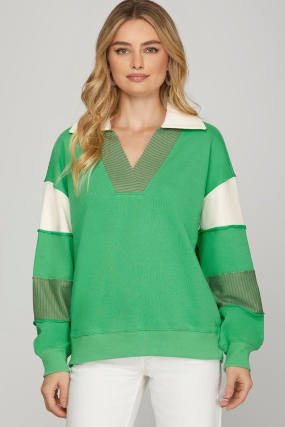 She + Sky Full Size Color Block Sleeve Johnny Collar French Terry Sweatshirt Plus Size Hauptbild