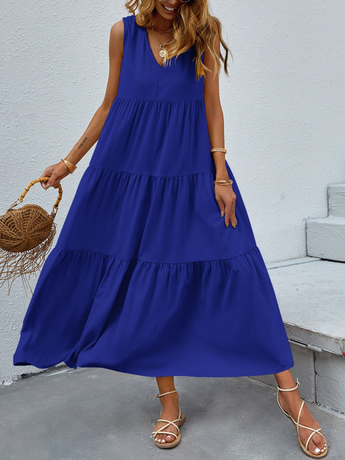 FAM-FAM Tiered V-Neck Sleeveless Dress - felvior