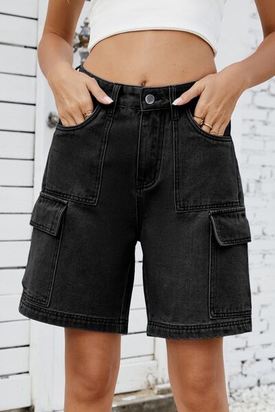 High Rise Denim Shorts with Cargo Pockets - felvior