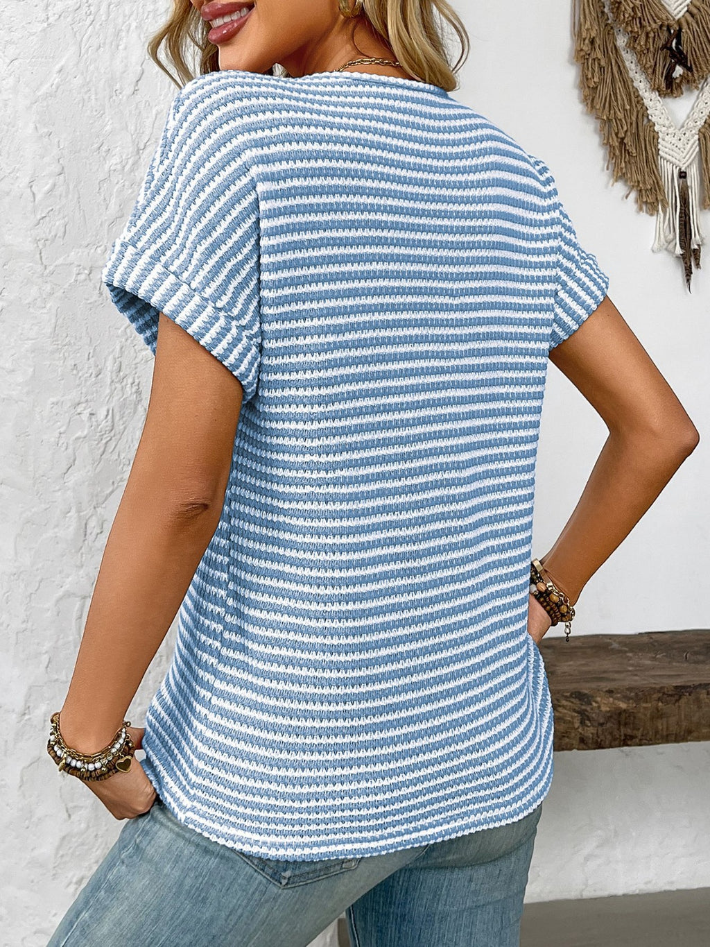 Striped Notched Short Sleeve T-Shirt