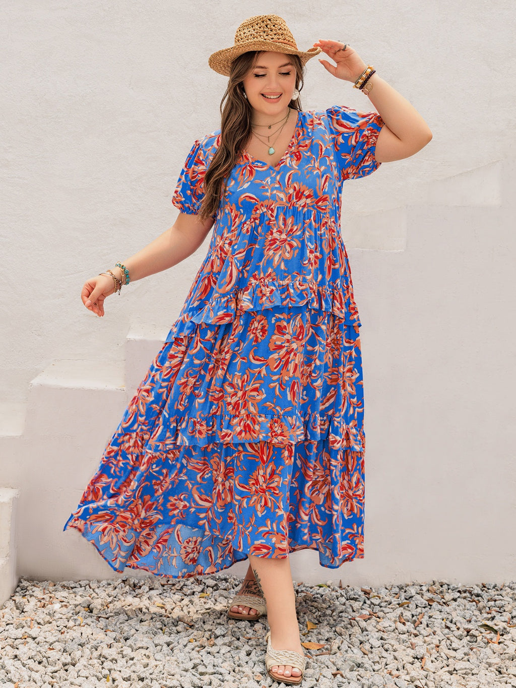 Plus Size Ruffled Printed V-Neck Short Sleeve Maxi Dress