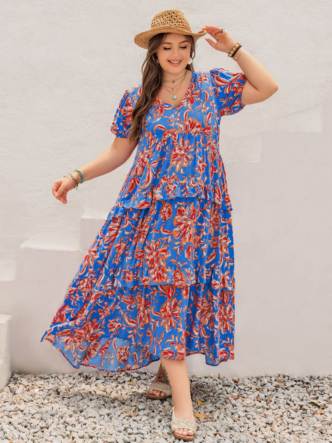 Plus Size Ruffled Printed V-Neck Short Sleeve Maxi Dress