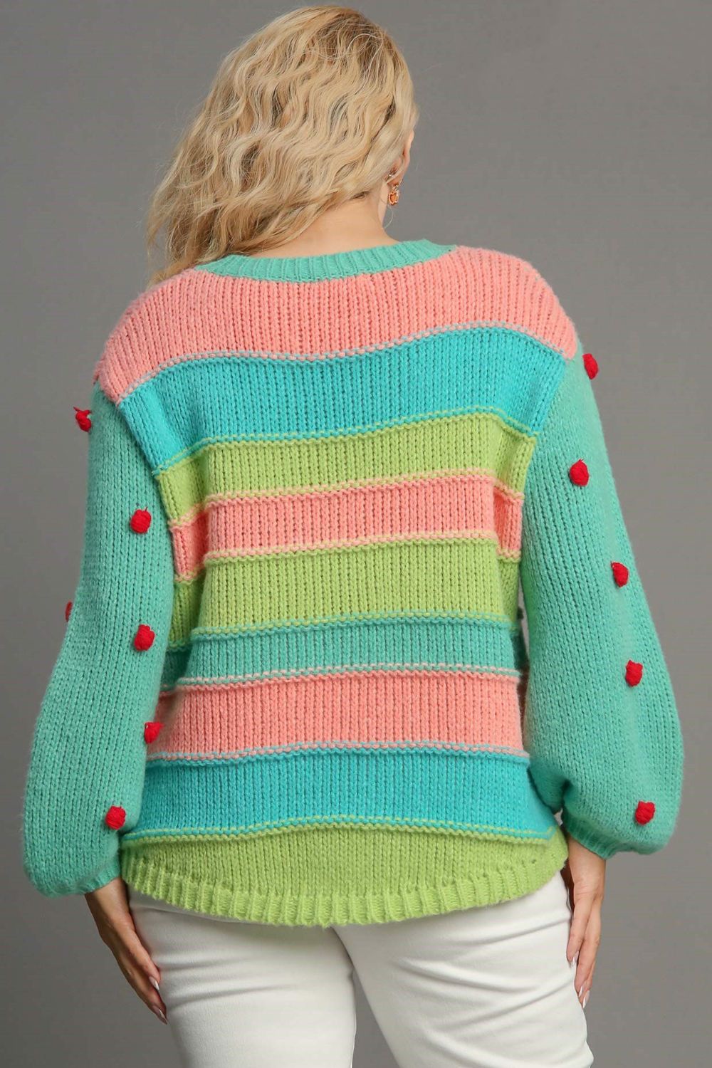 Umgee Full Size Color Block Cable Knit Sweater with Pom Pom Plus Size