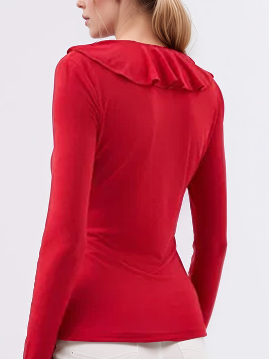 Ruffled V-Neck Long Sleeve T-Shirt - felvior