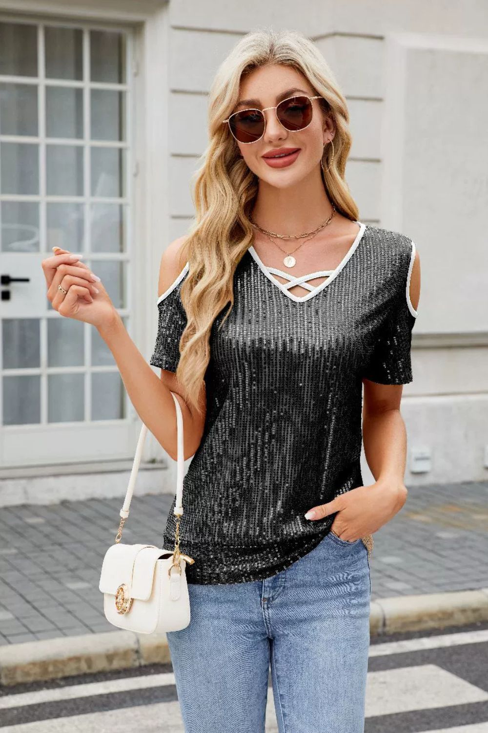 Sequin Crisscross V-Neck Cold Shoulder Blouse - felvior