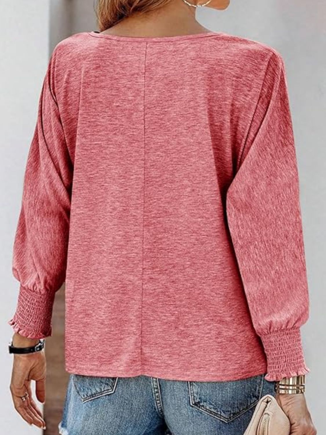 Round Neck Smocked Lantern Sleeve T-Shirt - felvior