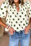 Polka Dot Shirred Yoke Notched Neck Puff Sleeve Blouse - felvior