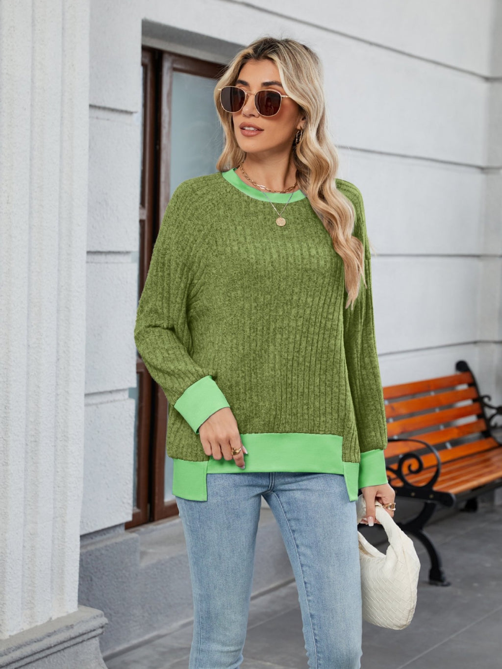 Contrast Trim Round Neck Long Sleeve T-Shirt
