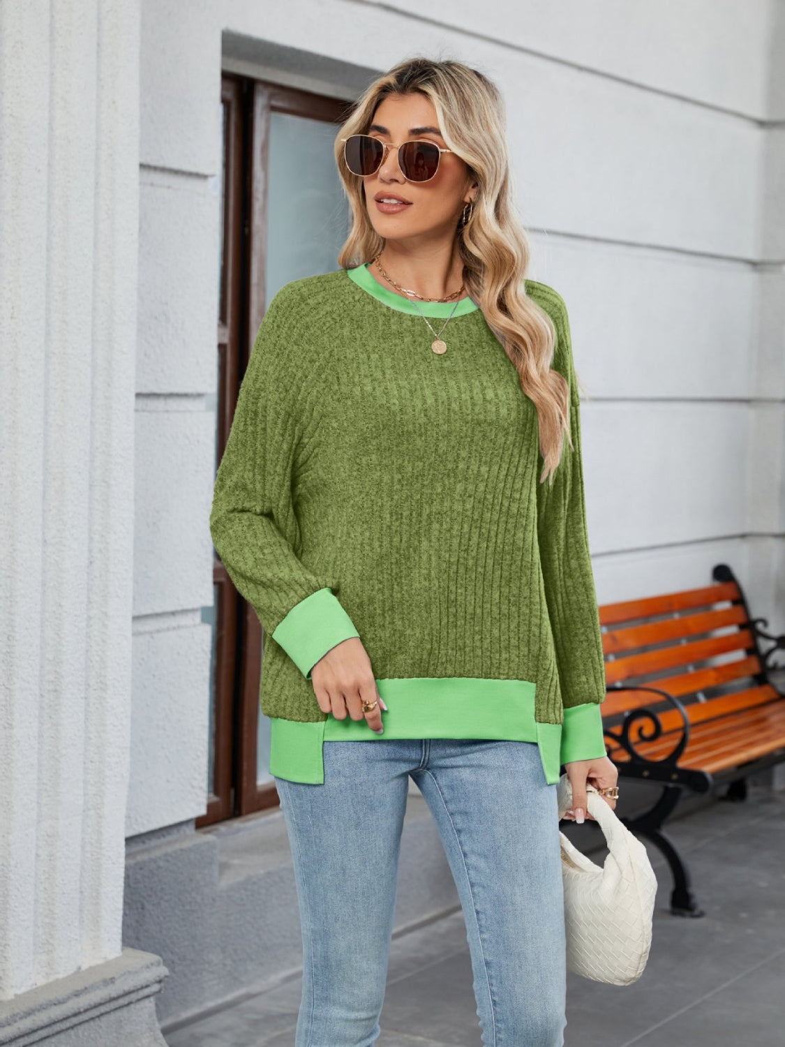 Contrast Trim Round Neck Long Sleeve T-Shirt