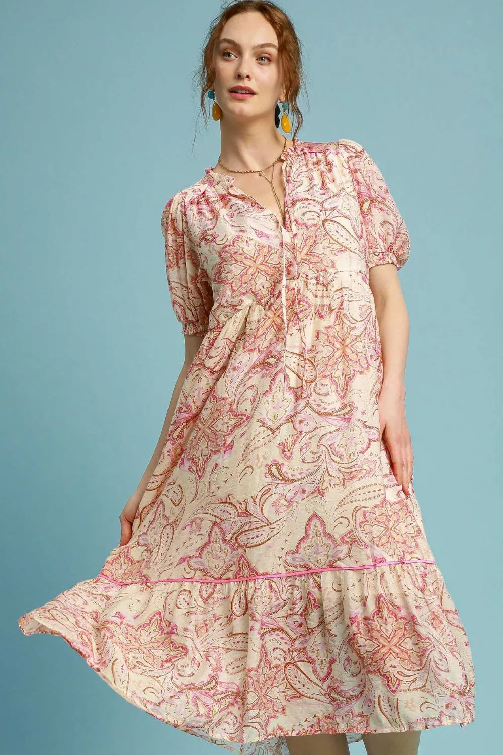 Umgee Full Size Printed Puff Short Sleeve Midi Dress Plus Size Image principale du produit