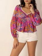 Lace Detail Printed Balloon Sleeve Top