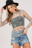 SAGE + FIG Mesh Long Sleeve Sheer Floral Embroidery Top - felvior