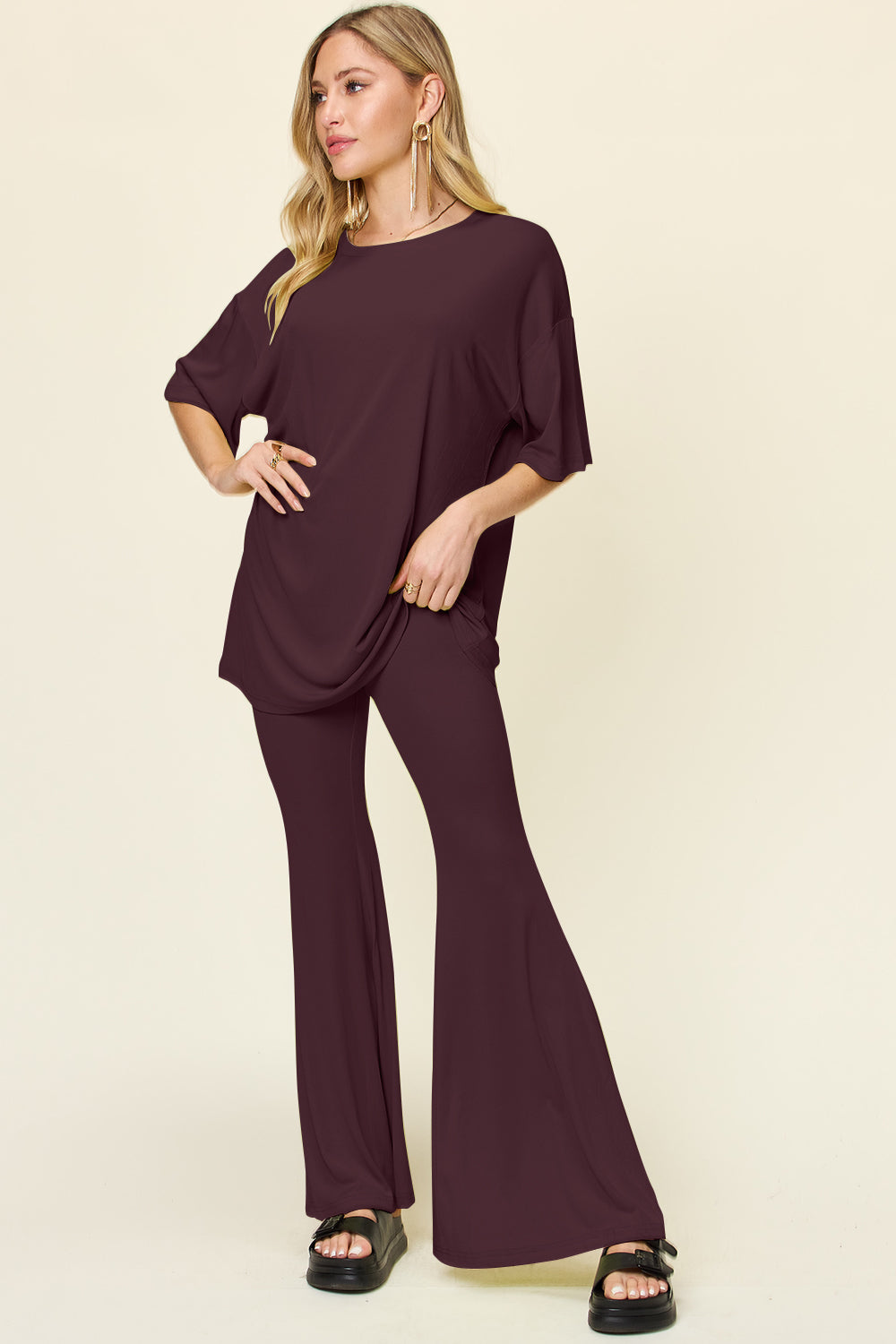 Double Take Full Size Round Neck Drop Shoulder T-Shirt and Flare Pants Set - felvior