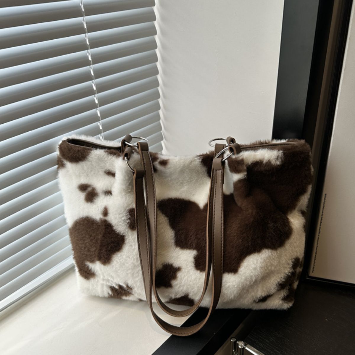 Cow Print Furry Tote Bag Main image